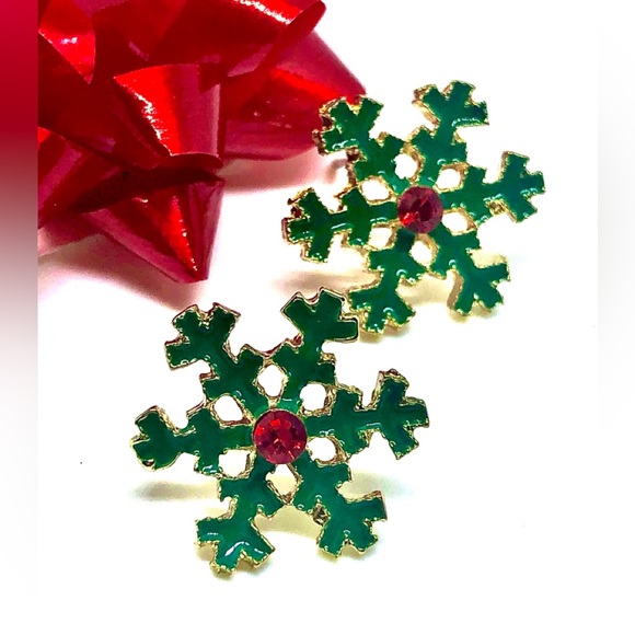 Christmas Green Enamel Red Crystal Rhinestone Gold Tone Studs Stud Earrings 17mm - Picture 2 of 5